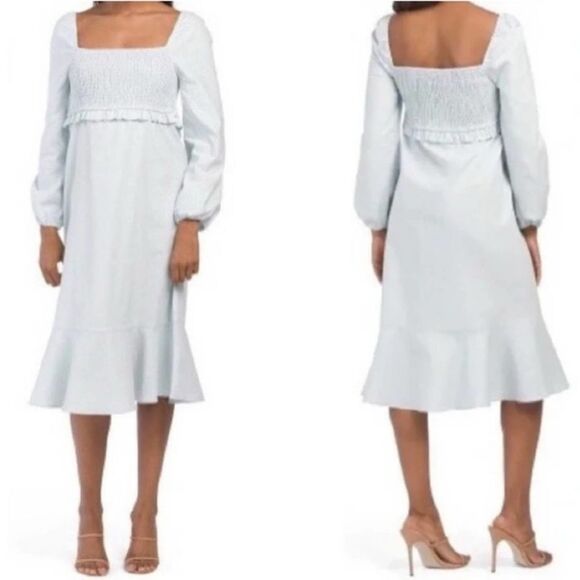 7 For All Mankind Linen Cotton Blend Smocked Puff Sleeve Blue NWT Medium - Picture 1 of 6